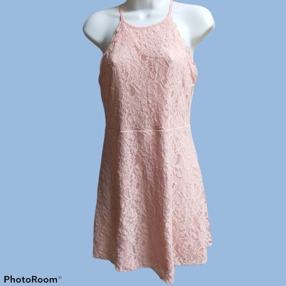 Altar'd State Pink Lace Halter Top Skater Dress - Picture 1 of 7